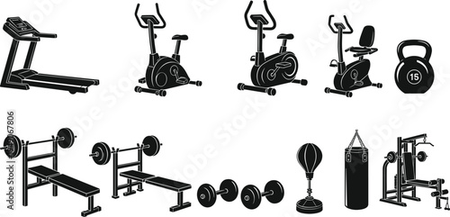 Gym fitness equipment icons set, treadmill bike dumbbells bench press punching bag workout machines vector illustration collection