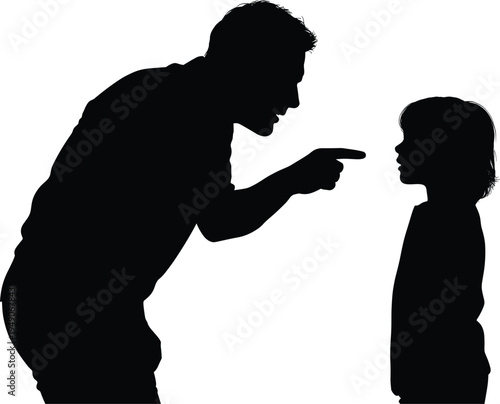 Silhouette of a father scolding his young son pointing finger in discipline concept of parenting conflict childhood trauma communication and family relationship issues