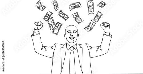 Continuous one line drawing of a happy successful bald businessman in suit celebrating with arms raised as money falls around him financial success
