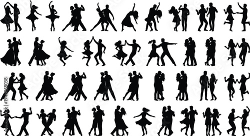 Comprehensive black vector silhouette collection of romantic couples dancing different styles including ballroom tango salsa and ballet isolated on a white background design