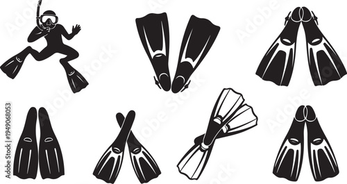 Scuba diver flippers illustration set for ocean activities