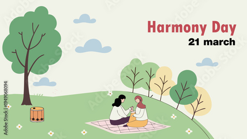 A diverse group of people are depicted walking together in a colorful illustration celebrating harmony and togetherness on harmony day high-quality professional detailed modern elegant