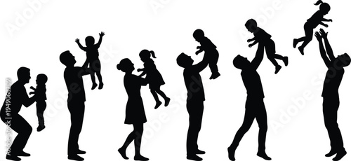 Black silhouette set of happy parents lifting and playing with young children and toddlers isolated on white background for family bonding concepts