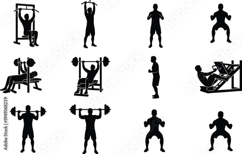 Gym workout silhouettes set, weightlifting fitness exercises collection, bodybuilding training poses, athlete strength workout vector illustration icons
