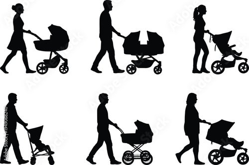 Black silhouettes set of parents walking with baby strollers and modern prams including mothers and fathers with infants in double outdoor travel buggies