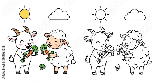 Cute cartoon goat and sheep eating carrots and broccoli, happy farm animals healthy eating vector