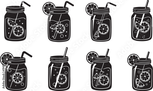 Black and white illustration of mason jars with drinks