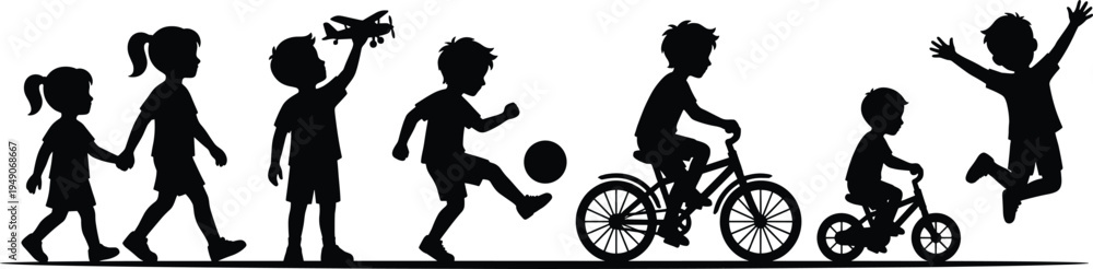 Fototapeta premium Black silhouette of happy children playing soccer riding bicycles and flying toy airplane isolated on white background for childhood and summer fun