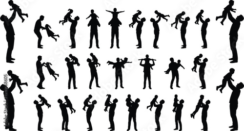 Set of Father and Child Silhouettes Group with Dad Lifting and Playing with Baby Isolated on White Background for Family Love and Parenting