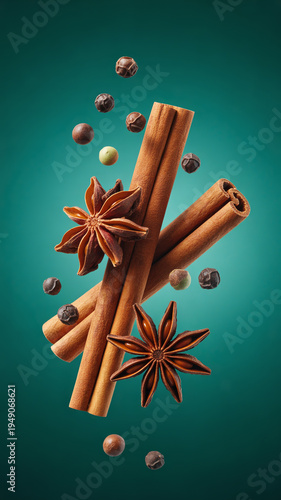Cinnamon Sticks Star Anise and Peppercorns Floating in Air Against Teal Green Background. Fresh Spice Ingredients  Concept for Food and Cooking.