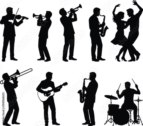 Set of Jazz Band Musicians Silhouettes Playing Musical Instruments and Couple Dancing Together Isolated on White Background for Live Music Concert and Party