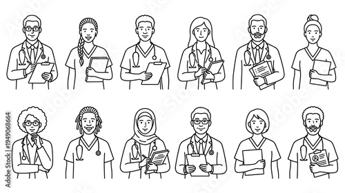 Diverse healthcare professionals doctors and nurses line art portraits