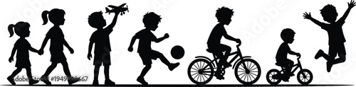 Black silhouette of happy children playing soccer riding bicycles and flying toy airplane isolated on white background for childhood and summer fun