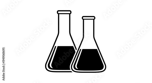 Two laboratory flasks with dark liquid, science research, chemistry, and analysis