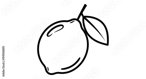 Simple Line Drawing of a Lemon with a Leaf and Stem
