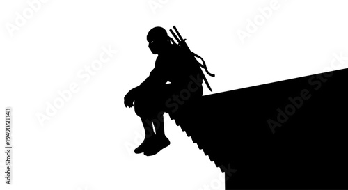 Silhouette of a lone ninja warrior sitting on a rooftop at dawn, contemplating.