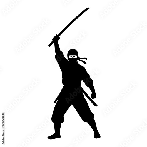 Silhouette of a ninja warrior with a sword raised high, ready for battle, dynamic pose
