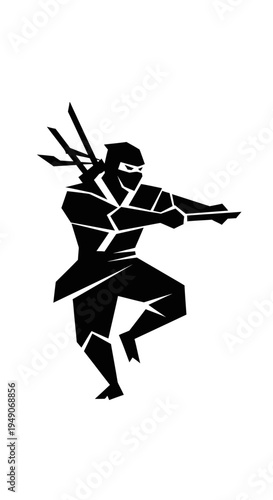 Silhouette of a ninja warrior in a dynamic pose, ready for action, with swords on back