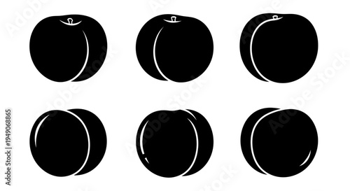 Set of Six Black Silhouette Peaches or Nectarines Isolated on White Background