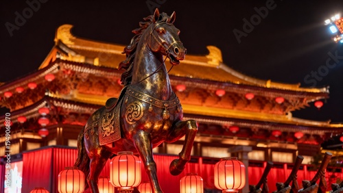 Traditional bronze horse statue illuminated by festive lantern lights during Lunar New Year celebrations.