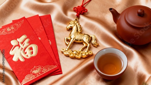 Golden horse decoration with traditional red envelopes symbolizing luck, wealth, and prosperity during Lunar New Year celebrations.