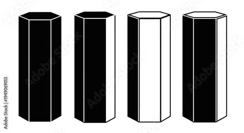 Geometric Hexagonal Prisms: Black and White Abstract Shapes