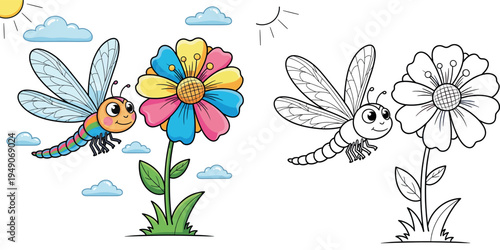 Cute cartoon dragonfly flying near colorful flower with sun and clouds, happy insect vector