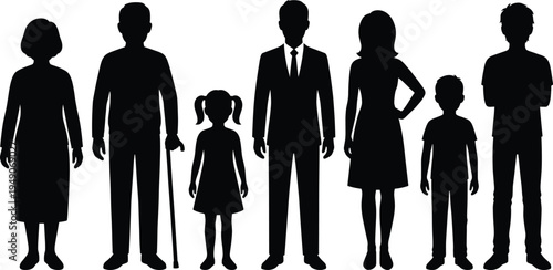 Multi Generational Family Silhouettes Representing Different Ages Including Senior Citizens Adults and Children Standing Together in Unity for Demographic Diversity and Community Representation