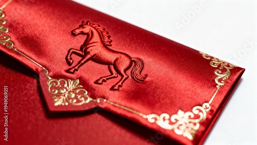 Close-up of traditional red envelope with embossed horse design symbolizing wealth and good luck.