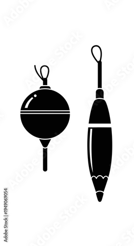 Fishing Floats Silhouette: Two Bobbers for Angling, Isolated on White Background