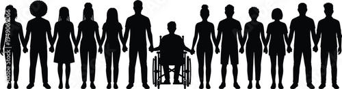 Diverse Group of People Holding Hands Including Person in Wheelchair Silhouette Representing Unity Inclusion Community Cooperation Togetherness Solidarity Support and Human Rights Equality