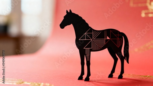 Contemporary geometric horse design with gradient red tones inspired by modern Chinese New Year themes.