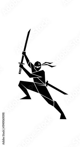Dynamic Ninja Warrior Silhouette with Two Swords, Action Pose, Black and White