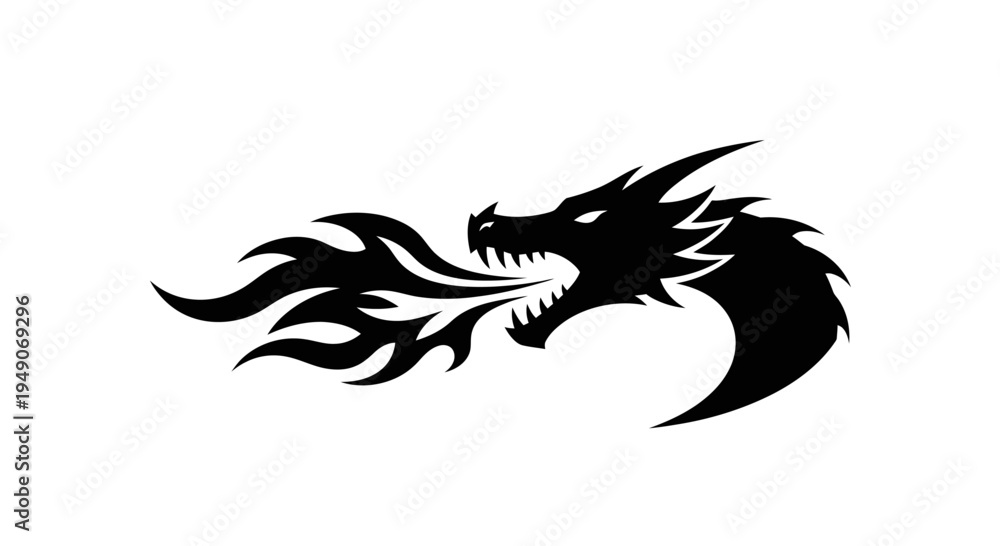 Obraz premium Black Dragon Head Silhouette Breathing Fire, Mythical Creature, Fantasy Art