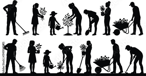 People gardening and planting trees silhouettes showing family teamwork environmental care and landscaping activity isolated on white background illustration