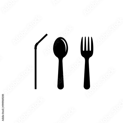 Black Silhouette of Straw, Spoon, and Fork on White Background