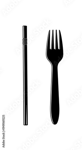 Black Silhouette of a Fork and a Straw on a White Background