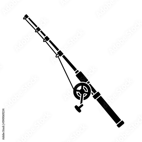 Black Silhouette of a Fishing Rod and Reel on a White Background