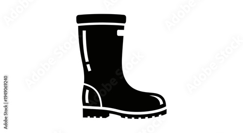 Black Rubber Wellington Boot Icon, Waterproof Footwear for Outdoor Activities