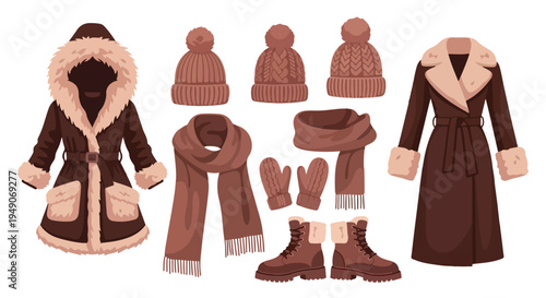 Illustration of assorted winter clothing items including coats, hats, scarves, gloves, and boots in brown hues on a white background.