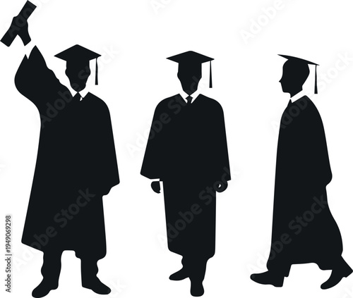 Three graduates standing silhouette with mortarboards