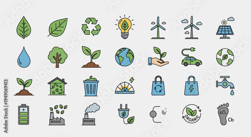 Set of environmental sustainability and renewable energy icons