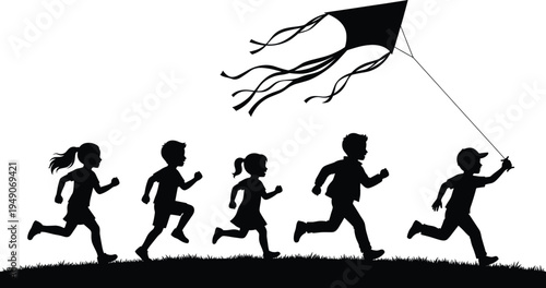 Children running and flying kite silhouettes on grass field playful kids outdoor activity freedom childhood fun isolated on white background illustration