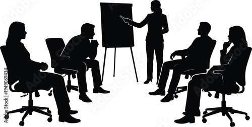 Business team meeting silhouettes with female leader presenting strategy on flip chart during corporate training discussion isolated on white background illustration