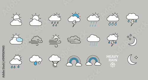 Set of outlined weather forecast icons on gray background