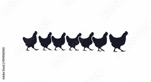 Seven black chicken silhouettes walking in a row