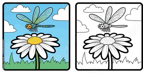 Cartoon vector illustration of a cute green dragonfly hovering above a white daisy flower in a garden