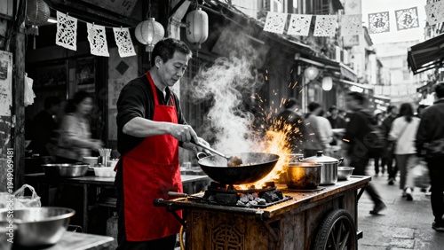 Dramatic black and white cooking scene with selective red accent, capturing traditional Chinese culinary action and atmosphere.