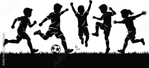 Children playing soccer silhouettes running jumping and kicking football on grass field kids sport activity isolated on white background illustration