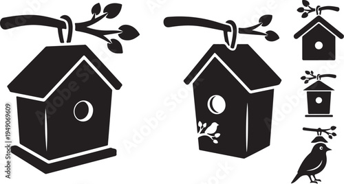 Birdhouse and bird silhouettes in black and white illustration